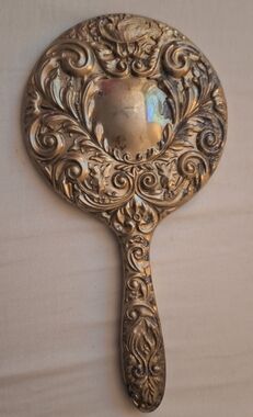Ornate Decorative Hand Mirror Wall Accent - Antique Silver